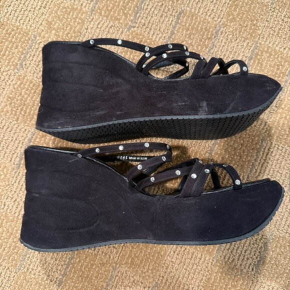 Stephane Kelian Black Suede Strappy Diamanté Wedge Sandals - Picture 1 of 3